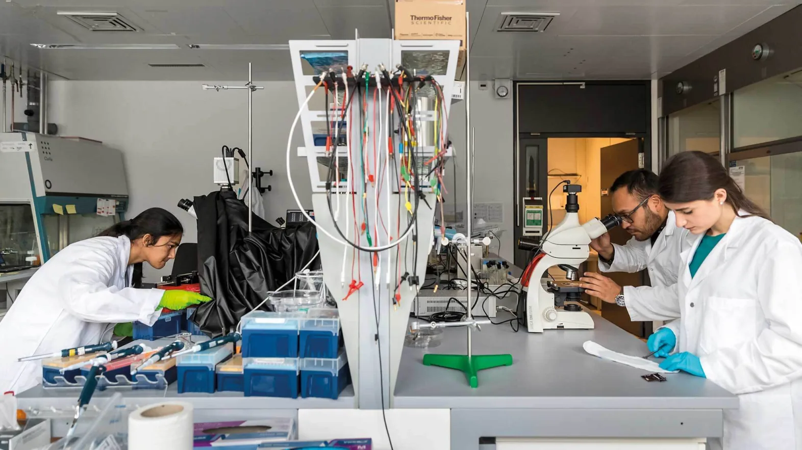 Three scientists working in a lab
