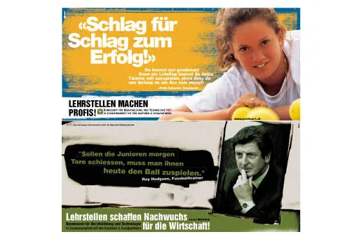 Zwei Poster der Berufsbildungskampagne der 90er Jahre mit Patty Schnyder und Roy Hodgson