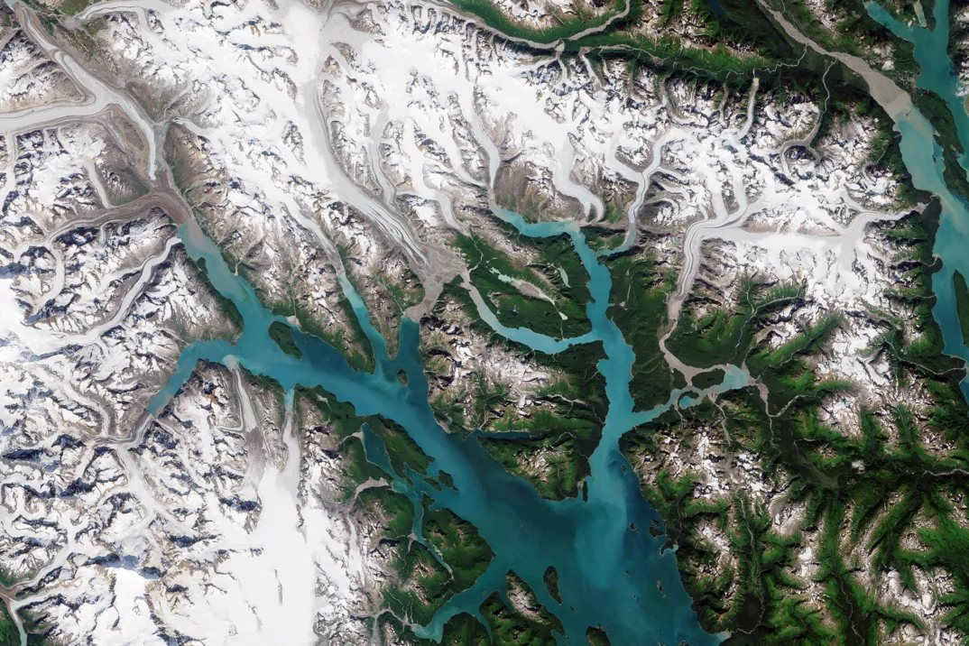 Ein Satellitenbild von Glacier Bay, Alaska, USA, zeigt blaue Fjorde zwischen weissen Gletschern und Wäldern an der Küste.