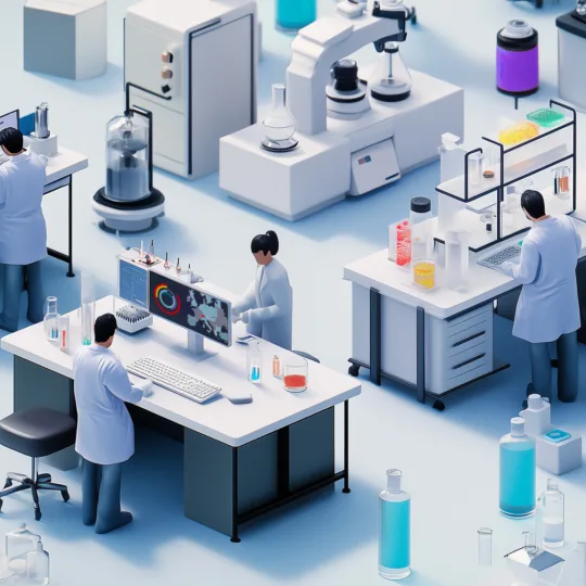 Illustration of researchers in a laboratory with various stations and equipment.