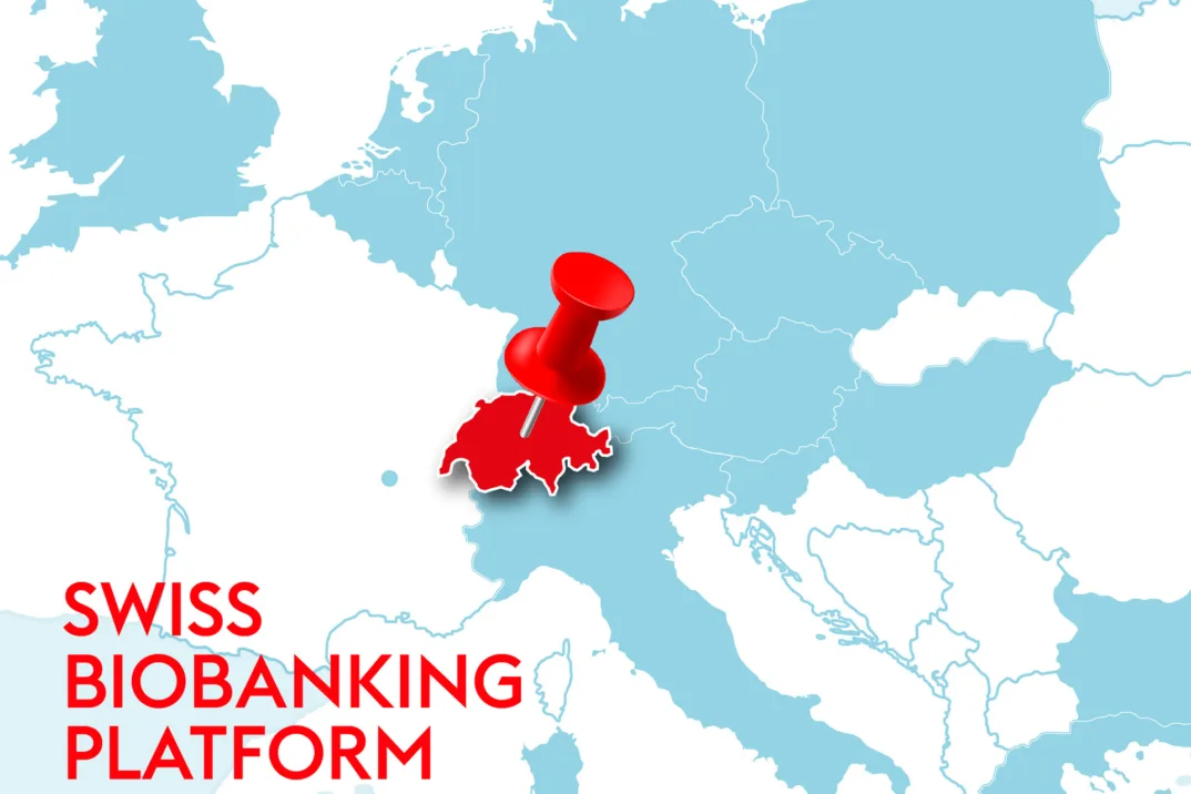 Illustration d'une carte de l'Europe en bleu et blanc. La Suisse est colorée en rouge et a une punaise au milieu. Le logo de la Swiss Biobanking Platform se trouve en bas à gauche.