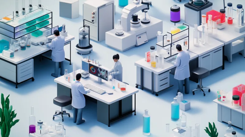 Illustration de chercheuses et chercheurs dans un laboratoire avec différentes stations et appareils.