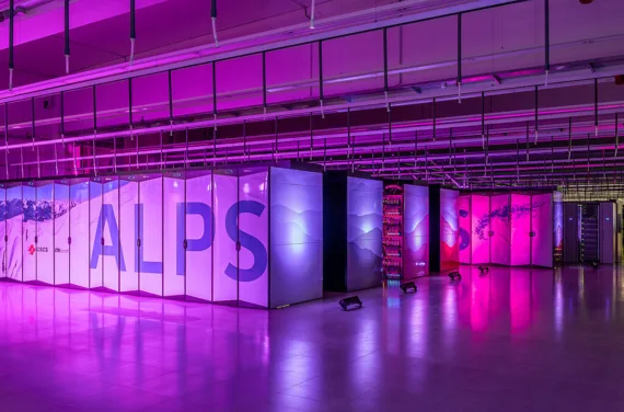Research infrastructures - Alps Photos of a server park in violet light.