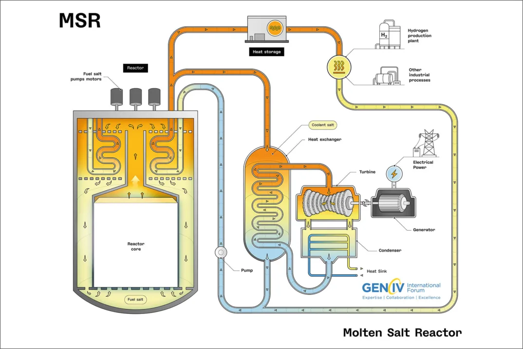 Schematisches Modell eines Flüssigsalzreaktors (Molten Salt Reactor, MSR)