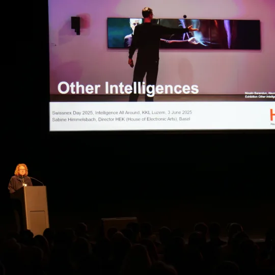 Sabine Himmelsbach, director of the House of Electronic Arts in Basel, stands on stage and gives a speech about a new exhibition.