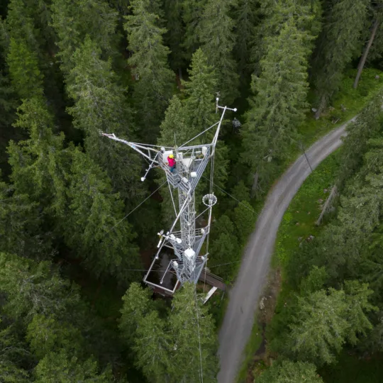 Une station de mesure vue d'en haut, au milieu d'une forêt.