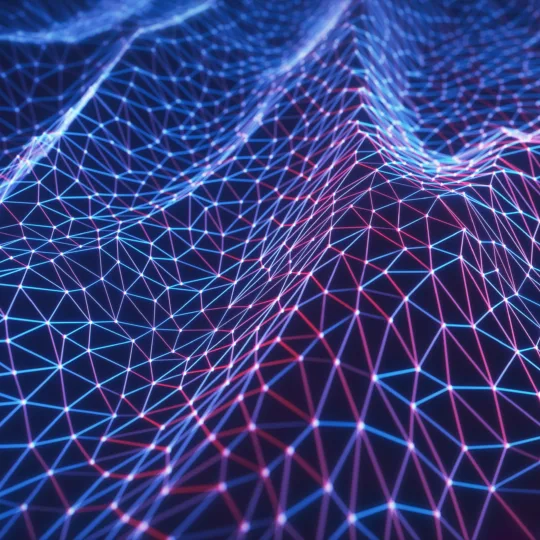 Des lignes bleues et roses lumineuses forment un réseau.
