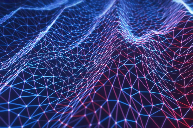 Glowing blue and pink lines form a network.