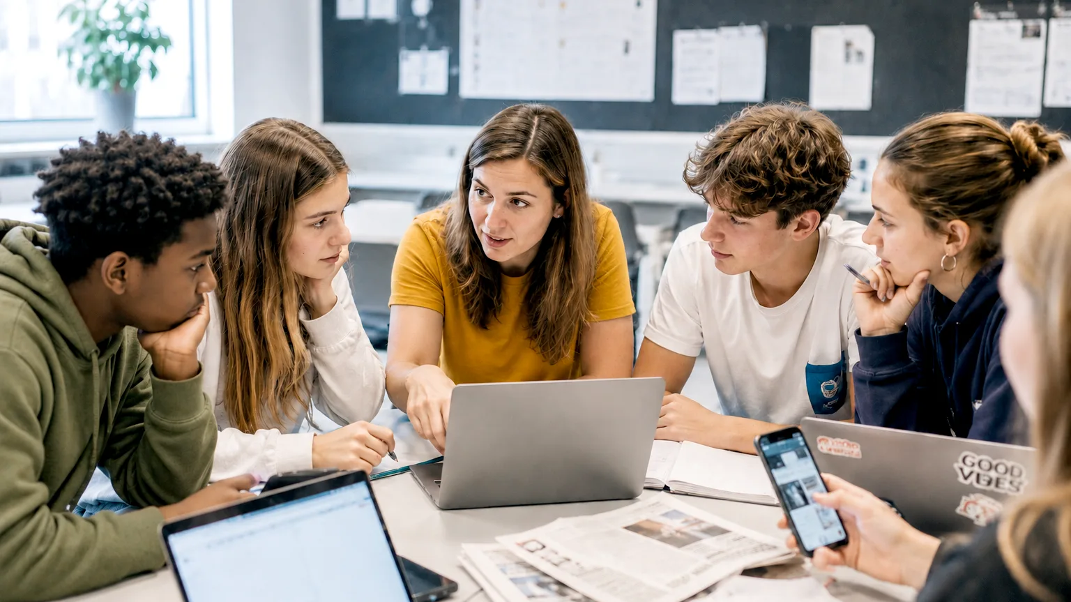Gruppe von jungen Menschen sitzen im Halbkreis an einem Tisch, diskutierend, Laptops und Papier auf dem Tisch